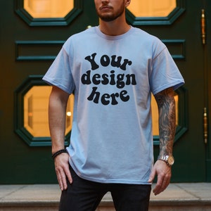 Gildan 5000 Men&#39;s BLUE T-shirt Mockup, Tattooed Model Mockup, Mens Shirt Mockup, blue Tshirt Mockup for Men, Aesthetic Mockup, Blue 5000