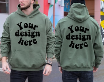 Gildan 18500 mockup davanti e dietro, Mockup con cappuccio da uomo Mockup modello maschile, Mockup con cappuccio a doppio lato, Mockup con cappuccio oversize per uomo