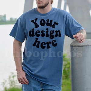 Gildan 5000 Mockup Indigo Blue, Male Model, Front Side, Outdoor, Casual Mens G5000 Mockup, Real Model, Trendy Oversized T-Shirt Mockup