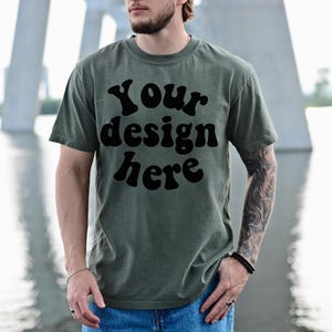 Comfort Colors 1717 Mockup Moss, Male Model, Front Side, Outdoor, Mens 1717 Mockup, Real Model, Trendy Oversized T-Shirt Mockup