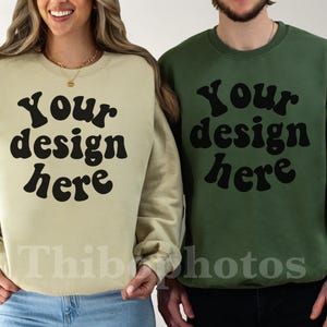 Couple Mockup, Gildan 18000 Sand And Military Green Mockup, Duo Sweatshirt Man And Woman Real Models