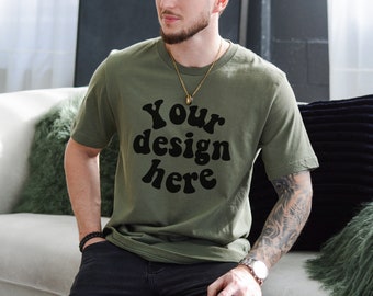 Bella Canvas 3001 military green Tshirt Mockup for Men, Tattooed Model Mockup, Men's Shirt Mockup, Man T-shirt Mockup, Lifestyle Mens Mock