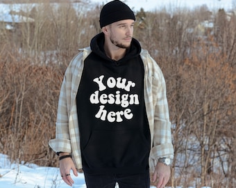 Schwarzer Hoodie Mockup, Winter Mockup, Gildan 18500 Mockup, Männer Modell, Kapuzen Mockup, Front Hoodie Mockups, trendy Hoodie Mockup, g185 Mockup
