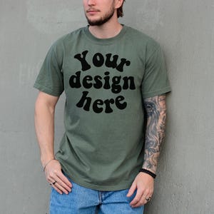 Comfort Colors 1717 Mockup Moss, Male Model, Front Side, Outdoor, Mens 1717 Mockup, Real Model, Trendy Oversized T-Shirt Mockup