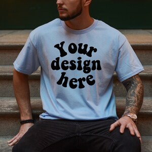 Gildan 5000 Men&#39;s blue T-shirt Mockup, Tattooed Model Mockup, Mens Shirt Mockup, blue Tshirt Mockup for Men, Aesthetic Mockup, Blue 5000