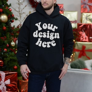 Gildan 18500 mockup men, Makieta bluzy z kapturem męska, Makiety bluz męskich, Makieta bluzy z kapturem czarna, Sprawdź nasz cały pakiet makiet