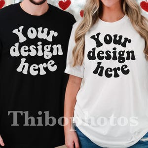 Couple Mockup Bella Canvas 3001 Black And White Valentines Day Matching Shirt, Real Couple Models Mockup, Valentines Day Shirt Mockup