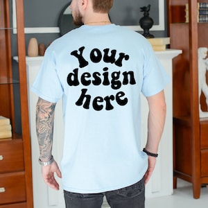 Back of Gildan 5000 Men&#39;s BLUE T-shirt Mockup, Tattooed Model Mockup, Mens Shirt Mockup, Tshirt Mockup for Men, Aesthetic Mockup, Back 5000