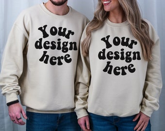 Couple Mockup, Husband Wife Crewneck mock, Mom Dad Crewneck mockup, Couple crewneck mock, Sand Gildan Crewneck Sand and Sand 18000 mock
