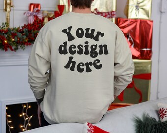 Gildan 18000 sand mockup back, Male model mockup, Christmas Sweater mockup man, Sweatshirt mock up for men, Christmas Gildan sand mockup men