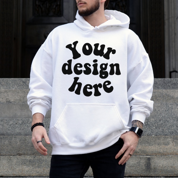 Hoodie mockup men, Gildan 18500 white, Men hoodie mockup, Male Model Mockup, Outdoor Hoodie Mockup, Tattooed Model Mockup,