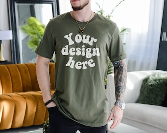 Bella Canvas 3001 military green Tshirt Mockup for Men, Tattooed Model Mockup, Men's Shirt Mockup, Man T-shirt Mockup, Lifestyle Mens Mock