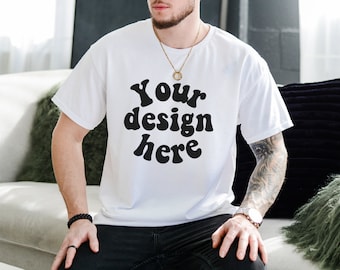 Gildan 5000 Men's WHITE T-shirt Mockup, Tattooed Model Mockup, Mens Shirt Mockup, White Tshirt Mockup for Men, Aesthetic Mockup