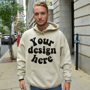 Sand hoodie mockup, Male model mockup, Gildan 18500 mockup, Men Hoodie Mockup,  Hooded mockup, Outdoor mockup, G18500 sand mockup