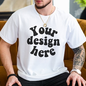 Gildan 5000 Men&#39;s WHITE T-shirt Mockup, Tattooed Model Mockup, Mens Shirt Mockup, White Tshirt Mockup for Men, Aesthetic Mockup