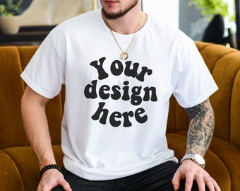 Gildan 5000 Men's WHITE T-shirt Mockup, Tattooed Model Mockup, Mens Shirt Mockup, White Tshirt Mockup for Men, Aesthetic Mockup