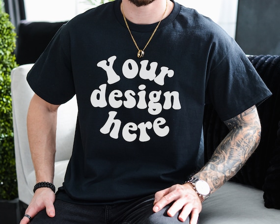 Gildan 5000 Men's black T-shirt Mockup, Tattooed Model Mockup, black 5000, Mens Shirt Mockup, Black Tshirt Mockup for Men, Aesthetic Mockup
