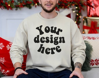 Gildan 18000 sand mockup men, Male model mockup, Christmas Sweater mockup man, Sweatshirt mock up for men, Gildan sand mockup man Christmas