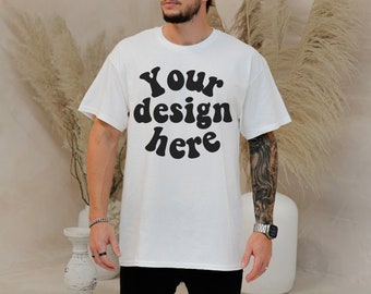 Gildan 5000 Men's WHITE T-shirt Mockup, Tattooed Model Mockup, Mens Shirt Mockup, White Tshirt Mockup for Men, Aesthetic Mockup