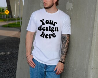 Gildan 64000 Mockup Male Model, G640 Mockup Real Human Model For Print On Demand, Outdoor Trendy Mens T Shirt Mockup, Gildan Softstyle Tee