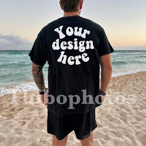Beach Gildan 5000 back mockup Men, Men&#39;s black T-shirt Mockup, Tattooed Model Mockup, Mens Shirt Mockup, Back Side, Outdoor Man Mock Up