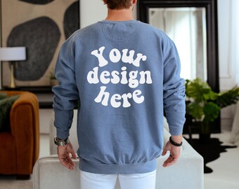Comfort Colors 1566 Blue Jean, back 1566 Comfort Colors mockups men, back 1566 Sweatshirt Mockup Men, Men Model Mock up, Aesthetic Mockup