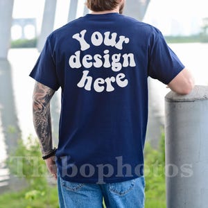 Gildan 5000 Mockup Navy, Male Model, Back Side, Outdoor, Casual Mens G5000 Mockup, Real Model, Trendy Oversized T-Shirt Mockup