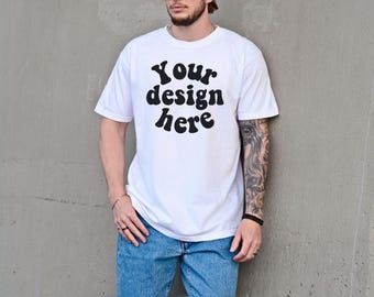 Comfort Colors 1717 Mockup White, Male Model, Front Side, Outdoor, Mens 1717 Mockup, Real Model, Trendy Oversized T-Shirt Mockup