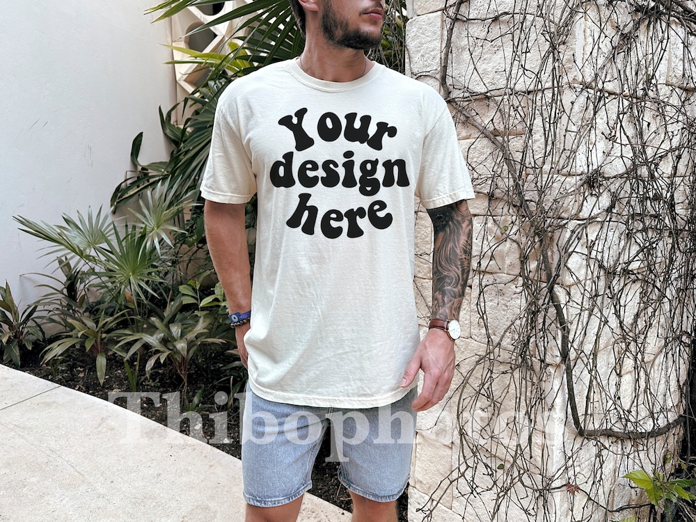 Outdoor 1717 Mockup, Cc Ivory Front Side,Beach Comfort Colors Ivory Mockup T Shirt Man Model Mock Up Tee Mens Mockup, Tattooed Model Mockup Refinedstyle