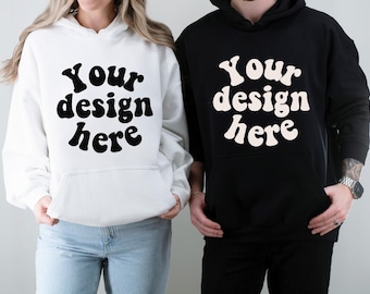 Mockup de moletom com capuz para casal, preto e branco, mockup Gildan 18500, mockup de pai e mãe, modelo de homem e mulher, mockup de moletom com capuz