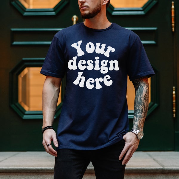 Gildan 64000 mockup men, Men T-shirt Mockup Navy, Tattooed Model Mockup, Navy 64000, Mens Shirt Mockup, Aesthetic Mockup,