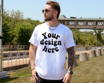 Gildan 5000 Men's WHITE T-shirt Mockup, Tattooed Model Mockup, Mens Shirt Mockup, White Tshirt Mockup for Men, Aesthetic Mockup