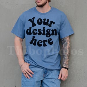 Gildan 5000 Mockup Indigo Blue, Male Model, Front Side, Outdoor, Casual Mens G5000 Mockup, Real Model, Trendy Oversized T-Shirt Mockup