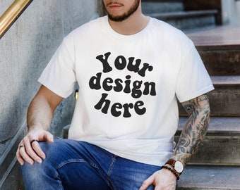 Gildan 5000 Men's WHITE T-shirt Mockup, Tattooed Model Mockup, Mens Shirt Mockup, White Tshirt Mockup for Men, Aesthetic Mockup