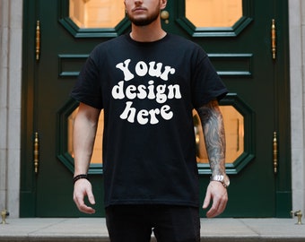 Gildan 5000 Men's black T-shirt Mockup, Tattooed Model Mockup, black 5000, Mens Shirt Mockup, Black T-shirt Mockup for Men, Aesthetic Mockup