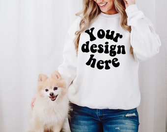 Dog mom shirt mockup, Gildan 18000 mockup with dog, Female Model Mockup, white crewneck mock, white sweater mockup, boho sweatshirt mock