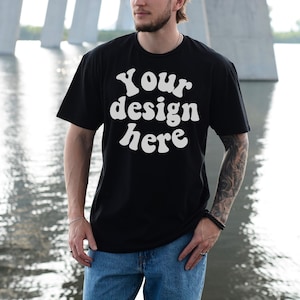 Gildan 64000 Mockup Male Model, Black G640 Mockup Real Human Model For Print On Demand, Outdoor Trendy Mens T Shirt Mockup