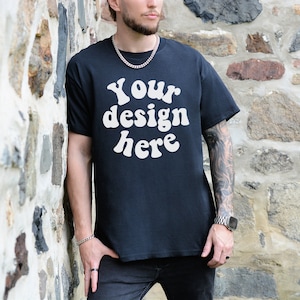 Gildan 5000 Men&#39;s black T-shirt Mockup, Tattooed Model Mockup, Mens Shirt Mockup, Black Tshirt Mockup for Men, Aesthetic Mockup