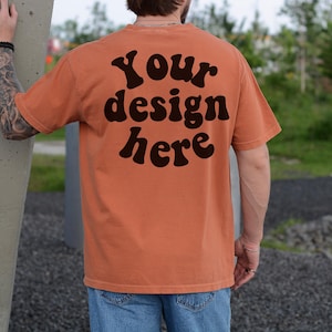 Comfort Colors 1717 Mockup Yam, Male Model, Back Side, Outdoor, Mens 1717 Mockup, Real Model, Trendy Oversized T-Shirt Mockup