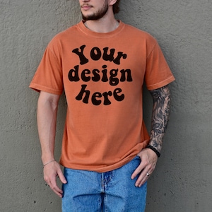 Comfort Colors 1717 Mockup Yam, Male Model, Front Side, Outdoor, Mens 1717 Mockup, Real Model, Trendy Oversized T-Shirt Mockup