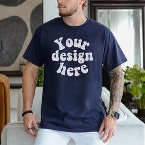 Gildan 5000 Men's navy T-shirt Mockup, Gildan 5000 mockup navy, Tattooed Model, Mens Shirt Mockup, Tshirt Mockup for Men, Aesthetic Mockup