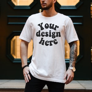 Bella Canvas 3001 Męski mockup | Model męski | Dark academia | Biały T-shirt Męski mockup | Makieta Męska Lifestyle | Sprawdź cały pakiet w sklepie