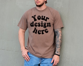 Comfort Colors 1717 Mockup Espresso, Male Model, Front Side, Outdoor, Mens 1717 Mockup, Real Model, Trendy Oversized T-Shirt Mockup