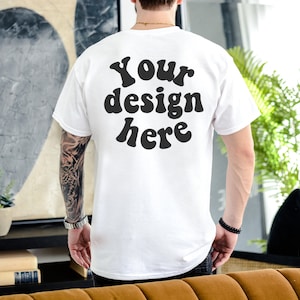 Back of Gildan 5000 Men&#39;s WHITE T-shirt Mockup, Tattooed Model Mockup, Mens Shirt Mockup, White Tshirt Mockup for Men, Aesthetic Mockup