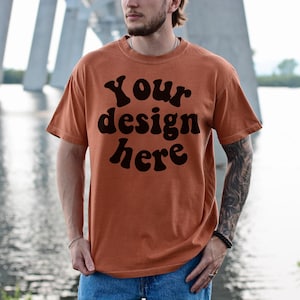 Comfort Colors 1717 Mockup Yam, Male Model, Front Side, Outdoor, Mens 1717 Mockup, Real Model, Trendy Oversized T-Shirt Mockup