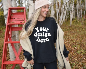 Black sweater mockup, black crewneck mock, black sweater mock, Gildan 18000 mockup, boho crewneck mock, fall sweater mockup Gildan Crew Mock