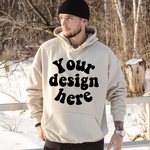 Sand hoodie mockup, Male model mockup, Winter mockup, Gildan 18500 mockup, Hooded mockup,  hoodie mockup outside, outdoor mockup