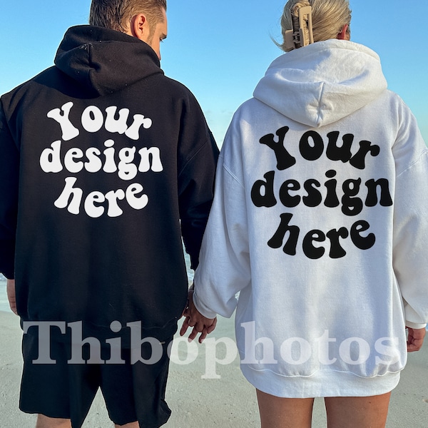 Black and white hoodie mockup Beach, Man woman hoodie mockup, Black White 18500 mock up, Husband wife sweatshirt Mockup, Gildan 18500 Mockup