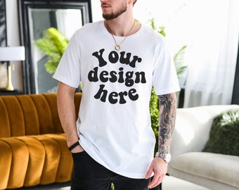 Bella Canvas 3001 Mens Tshirt Mockup,  Tattooed Model Mockup, White T-Shirt Mockup for Men, White Tee Mockup, Lifestyle Men's Mock up