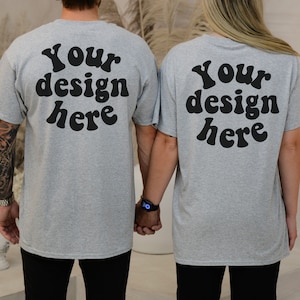 Gildan 5000 sport grey Back, Couple T-shirt Mockup, Mens mockup sport grey, Gildan 5000 back mockup, Couple mockup Gildan 5000 back